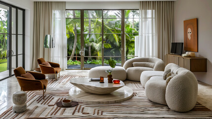 A living room with white furniture and large windows.