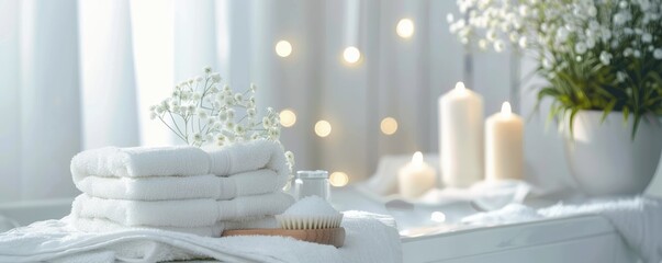 spa background with white towels and candle light