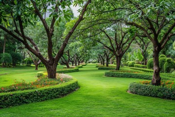 Naklejka premium Landscaping with Trees: Home Garden with Decorative Plants and Greenery