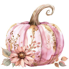 Pretty fantasy style pink and gold coloured whimsical pumpkin illustration, with a lovely flower, berries and leaves, in a watercolour style, unique autumn design, on a transparent background