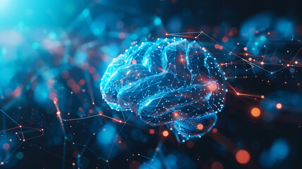 A blue digital brain with glowing connections, representing the power of artificial intelligence and its role in data analysis and machine learning.
