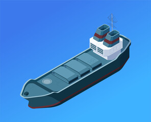 Cargo ship on a blue background, embodying maritime transport concept. Isometric vector illustration isolated on a blue background