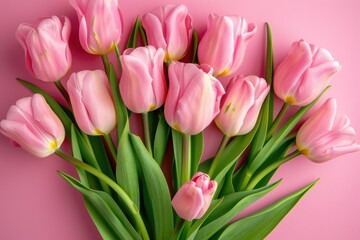 Naklejka premium Flowers On Pink. Beautiful Bouquet of Pink Tulips on Pastel Background for Valentine's Day, Easter,