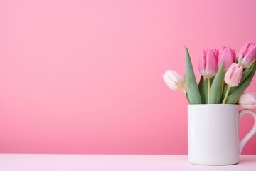 A serene composition of pink tulips in a white mug against a matching pink background. Pink Tulips in White Mug on Pink Surface