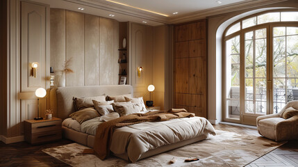 A bedroom with wooden floors and beige walls.
