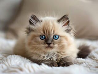Fototapeta premium A small kitten with blue eyes sitting on a blanket.