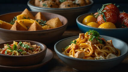 Vibrant food bowls arranged neatly on a wooden table. Generative AI
