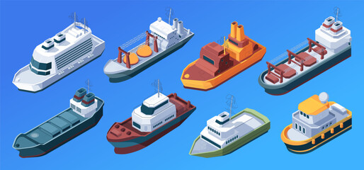 Collection of various isometric ships on a blue background, Maritime transport. Set of isometric vector illustrations isolated on blue background
