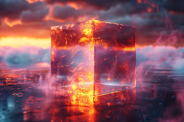 An abstract composition featuring a holographic cube floating in space, with shimmering, prismatic effects and dynamic reflections.