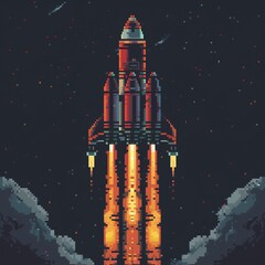 Naklejka premium A pixel art animation of a rocket launching into space