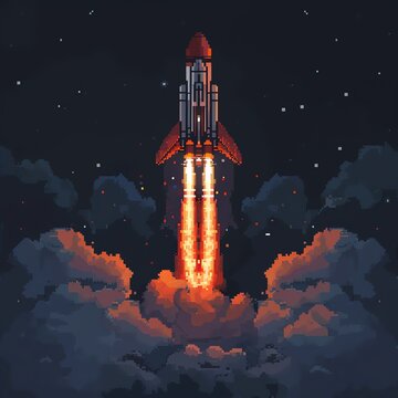A pixel art animation of a rocket launching into space. The rocket is surrounded by clouds of smoke.