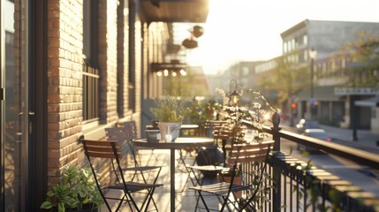 A balcony setup with tables and chairs on a bustling city street, inviting people to relax and enjoy urban surroundings. - Powered by Adobe