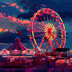 Create a pixelated image of a Ferris wheel at a pier at sunset. Make the colors vibrant and the image full of contrast.
