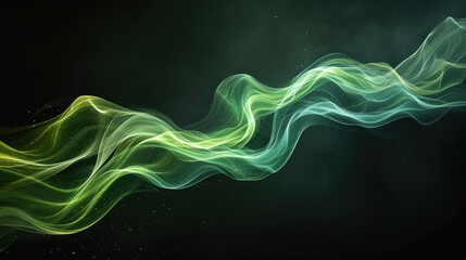 Flowing streams of green smoke on black background, background wallpaper with intricate luminous waves and shiny particles, banner for web
