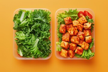 Flat lay of two meal prep containers with grilled chicken pieces in sauce and lettuce on yellow background, healthy lunch or dinner