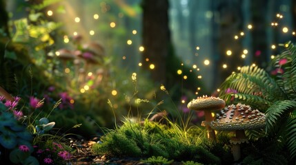 Imagination Background. Enchanted Forest with Fairy Lights, Ferns, Mushrooms, and Flowers