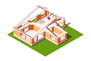 Unfinished house with visible interior rooms on a white background, concept of construction. An isometric vector illustration isolated on white background