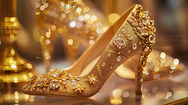 golden high heel sendles with stone and beeds for brides --ar 16:9 --v 6