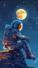 An astronaut sits on a rocky moon, looking out at the stars, contemplating his existence.