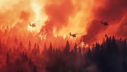 Helicopters conducting a wildfire rescue operation during a forest fire at dusk