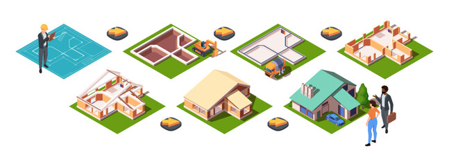 An isometric vector illustration of housing construction stages with characters and vehicles isolated on a white background, showcasing the building process