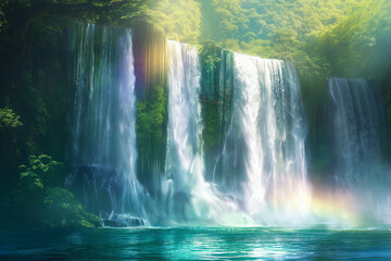 Jungle waterfall cascade in tropical rainforest with rock and turquoise blue pond