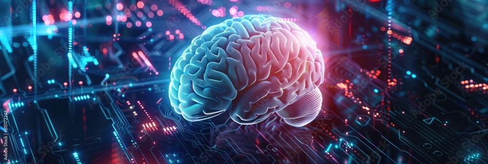 Poster intelligent technology. human brain intertwined with circuit board symbolizing artificial