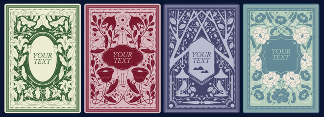 Set of ornate, decorative cards with floral and fauna ornaments, space for text. Elegant poster, banner, background, flyer. Cover for menu design, wedding invitation, brochure. vector illustration