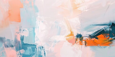 Abstract painting of a cityscape with a light blue and orange color palette.