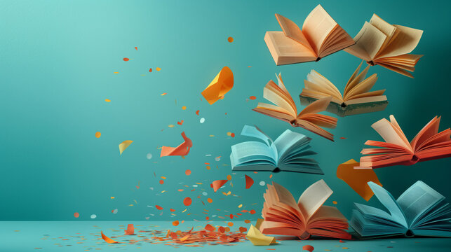 Open and torn books of various colors scattered with colorful confetti flying around them on a monochrome mint blue background, in the spirit of knowledge, school, creative thinking, and education