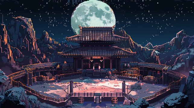 A beautiful pixel art of a dojo at night. The full moon is shining brightly in the background.