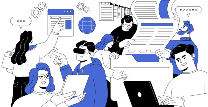 Concept of modern information technologies. Software testers, programmers, designers, software engineers, coders with program languages working in studio. Line art style flat vector illustration