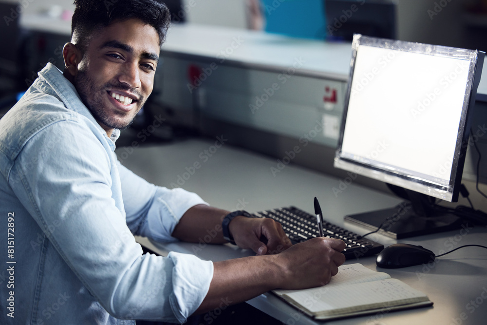 Poster Portrait, male student and computer with writing in notebook for course in cybersecurity, IT or science. Man, smile and tech in studying for exam at college, school or university with mockup space