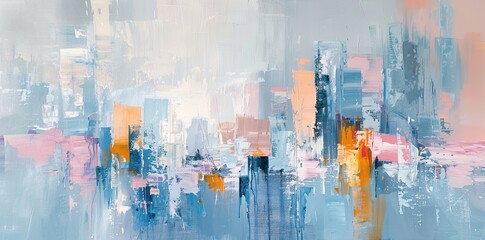 Abstract painting of a cityscape with a light blue and orange color palette.
