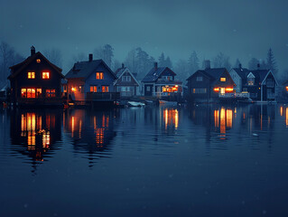 Fototapeta premium Snowy Evening in a Nordic Village
