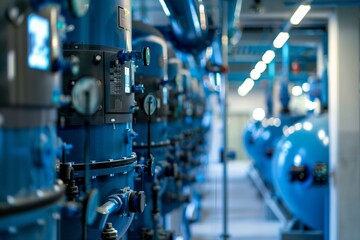 Industrial water cooling system. Blue pipes and pumps in perspective