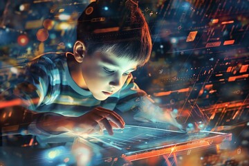 Little boy is using futuristic technology.