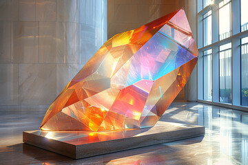 A holographic hexagonal prism, featuring sharp, reflective surfaces and a dazzling display of spectral colors, positioned in a modern, abstract setting.