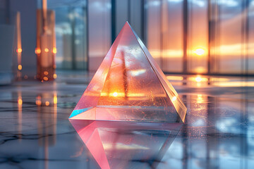 A holographic hexagonal prism, featuring sharp, reflective surfaces and a dazzling display of spectral colors, positioned in a modern, abstract setting.
