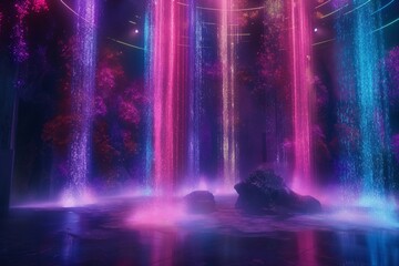 The image is a beautiful landscape of waterfalls in a forest. The water is glowing with vibrant colors.