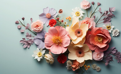 Creative layout made of various flowers. Flat lay delicate colors bouquet .