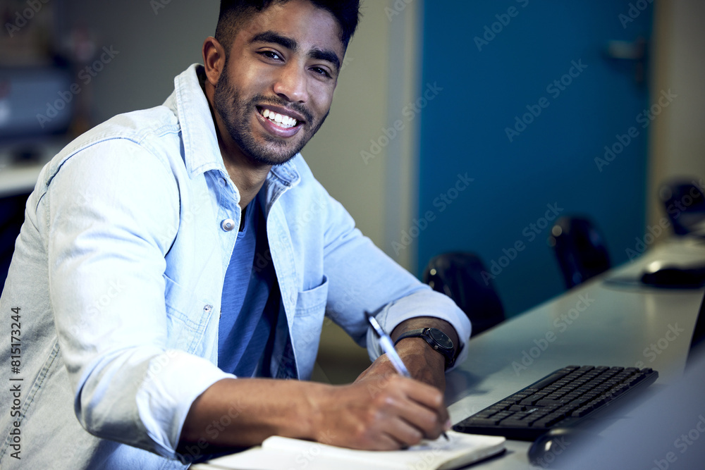 Poster Portrait, male student and writing in notebook with keyboard for course in cybersecurity, IT or science. Man, smile and tech in studying for exam at college, school or university in computer lab