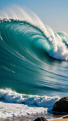 Impressive high wave breaking on sandy shoreline. Generative AI