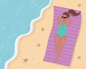 A girl is sunbathing on the beach. An attractive girl against the background of tropical sand and ocean. A pretty girl in a green swimsuit is sunbathing on the beach. Vector beach illustration .