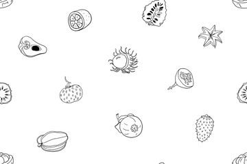 Seamless pattern of tropical and exotic fruits in doodle style. Rambutan, longan, mangosteen, lychee, guava,  starfruit, soursop, kiwano, fig, durian, salak. Vector illustration. Hand drawn