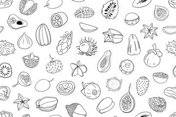 Cute seamless pattern of tropical and exotic fruits in doodle style. Rambutan, longan, mangosteen, lychee, guava, dragon fruit, starfruit, soursop, kiwano, fig, durian, salak. Hand drawn. Wallpaper