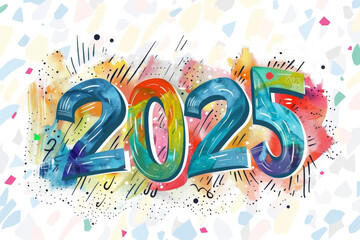 2025 drawing numbers, new year sketch greeting card, doodle celebrate banner, freehand eve poster