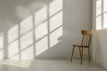 Fototapeta premium A wooden chair standing in a bright room with white walls close to the wall, lots of light, shadows from the window, scandinavian style