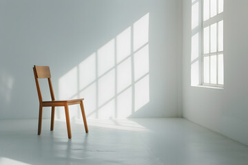Fototapeta premium A wooden chair standing in a bright room with white walls close to the wall, lots of light, shadows from the window, scandinavian style