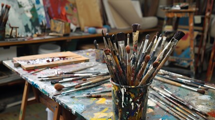 Table with brushes and tools in an art workshop. Background.